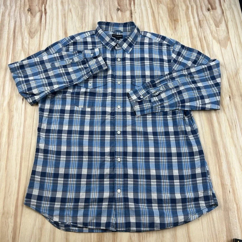 Banana Republic Shirt Men's Size 2XL Plaid Button Down Long Sleeve Cotton Blue